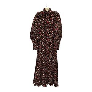 Vintage Handmade Black Velvet Floral Dress Ruffle detail gorgeous period piece